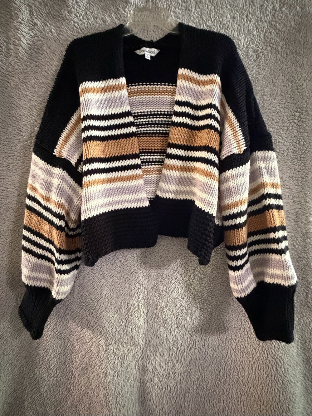 DAVI & DANI Black Striped Open Knit Cardigan with Cream & Tan Accents Hip Length